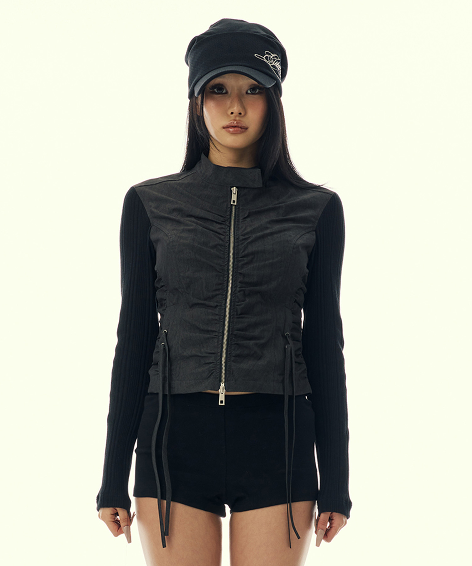 SHIRRING NYLON STRING JACKET BLACK