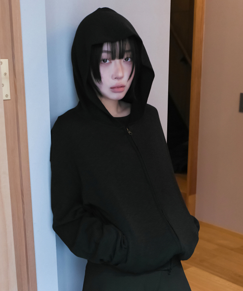 SLUB TEXTURE HOOD ZIP UP (BLACK)