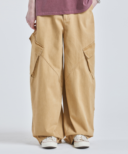 Широкие хлопковые брюки карго с эффектом стирки (BEIGE)
