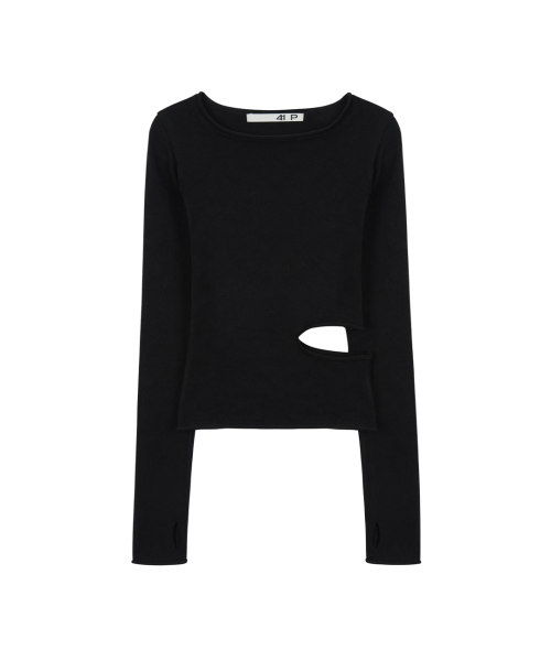 Slit Длинная Sleeve Трикотаж Top / Чёрные