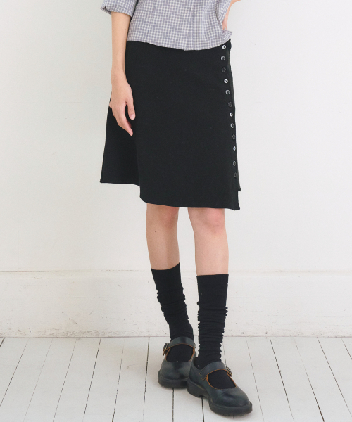 Asymmetric Ribbed Button Skirt, Black