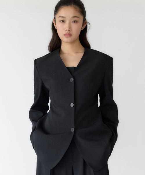 Posh No Collar Hourglass Jacket(Deep Navy)