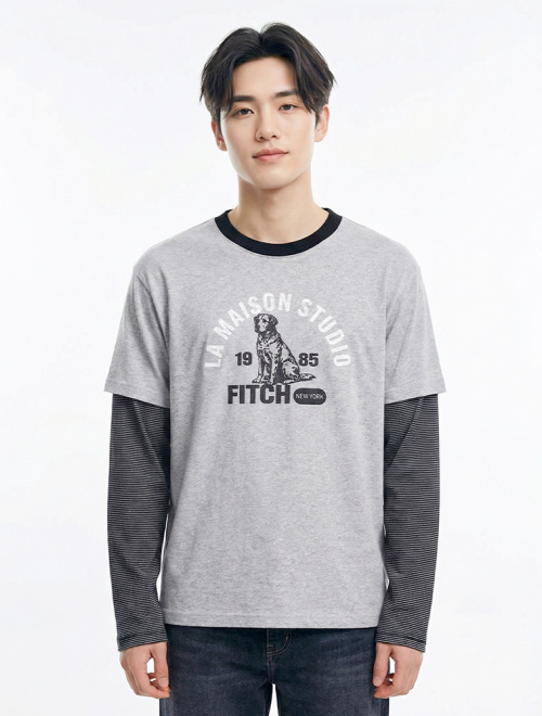 RETRIVER STRIPE LAYERED LONG SLEEVE MELANGRAY(FCG1TS685M)