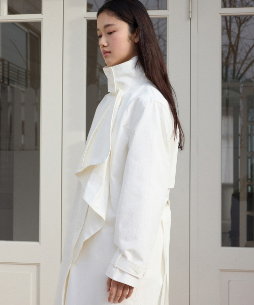 Rowan High Neck Ruffle Long Trench Coat(Cloud)