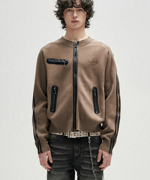 Distressed Side Trim Knit Zip Up - Brown