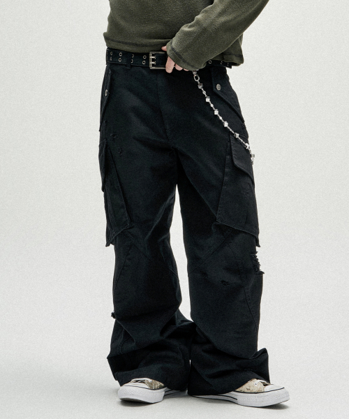 Distressed Incision Cargo Denim Pants