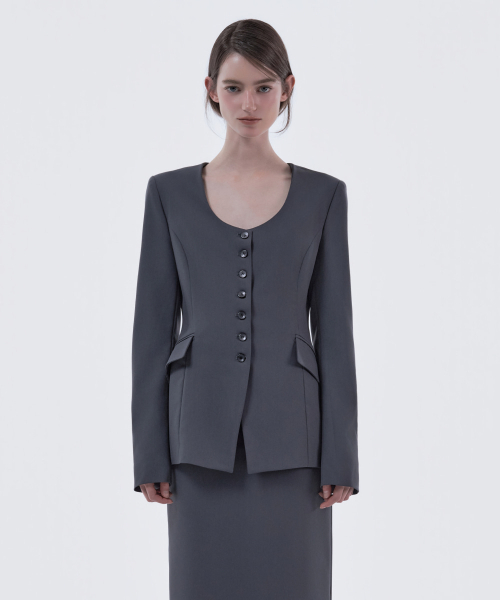 Emma Round Neck Jacket - Blue Grey