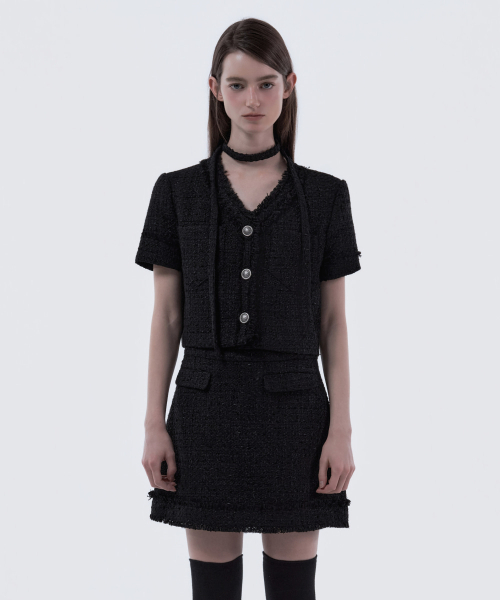 Fringed Tweed String Half-Sleeve Jacket - Tweed