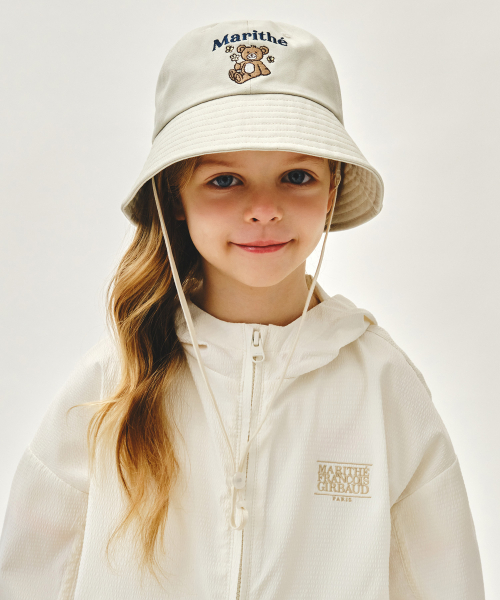 KIDS BEAR EMBROIDERY ROUND BUCKET HAT beige