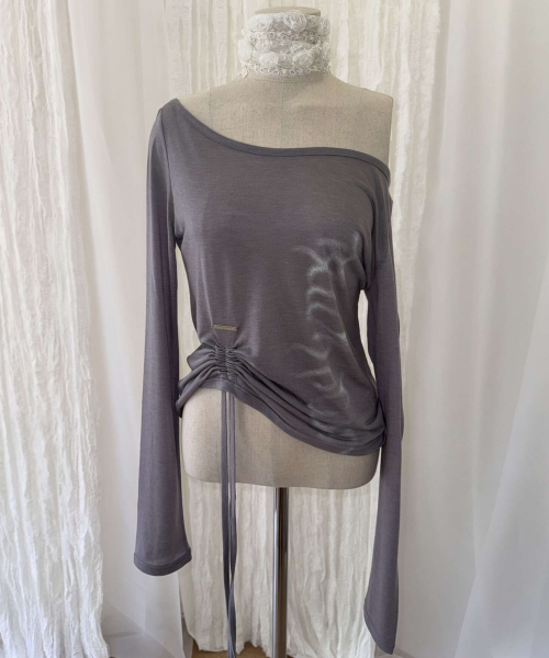 One-shoulder Side Shirring Tie Long Sleeves (GRAY)