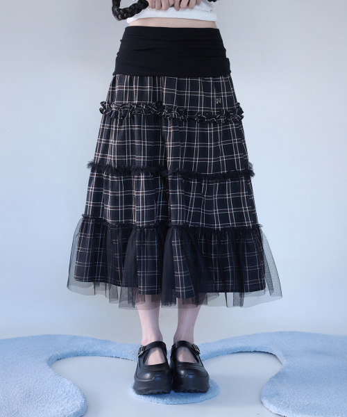 FOLDED CHECK FRILL MESH SK BLACK