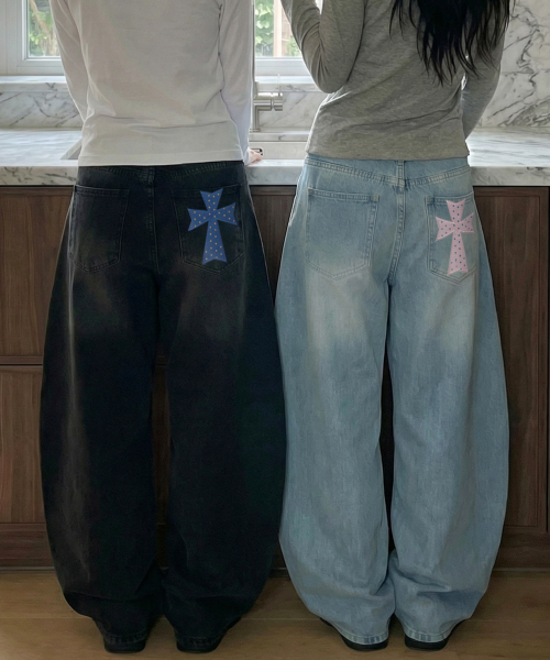 [UNISEX] Широкие изогнутые джинсы с вышивкой DOT CROSS (3 цвета)