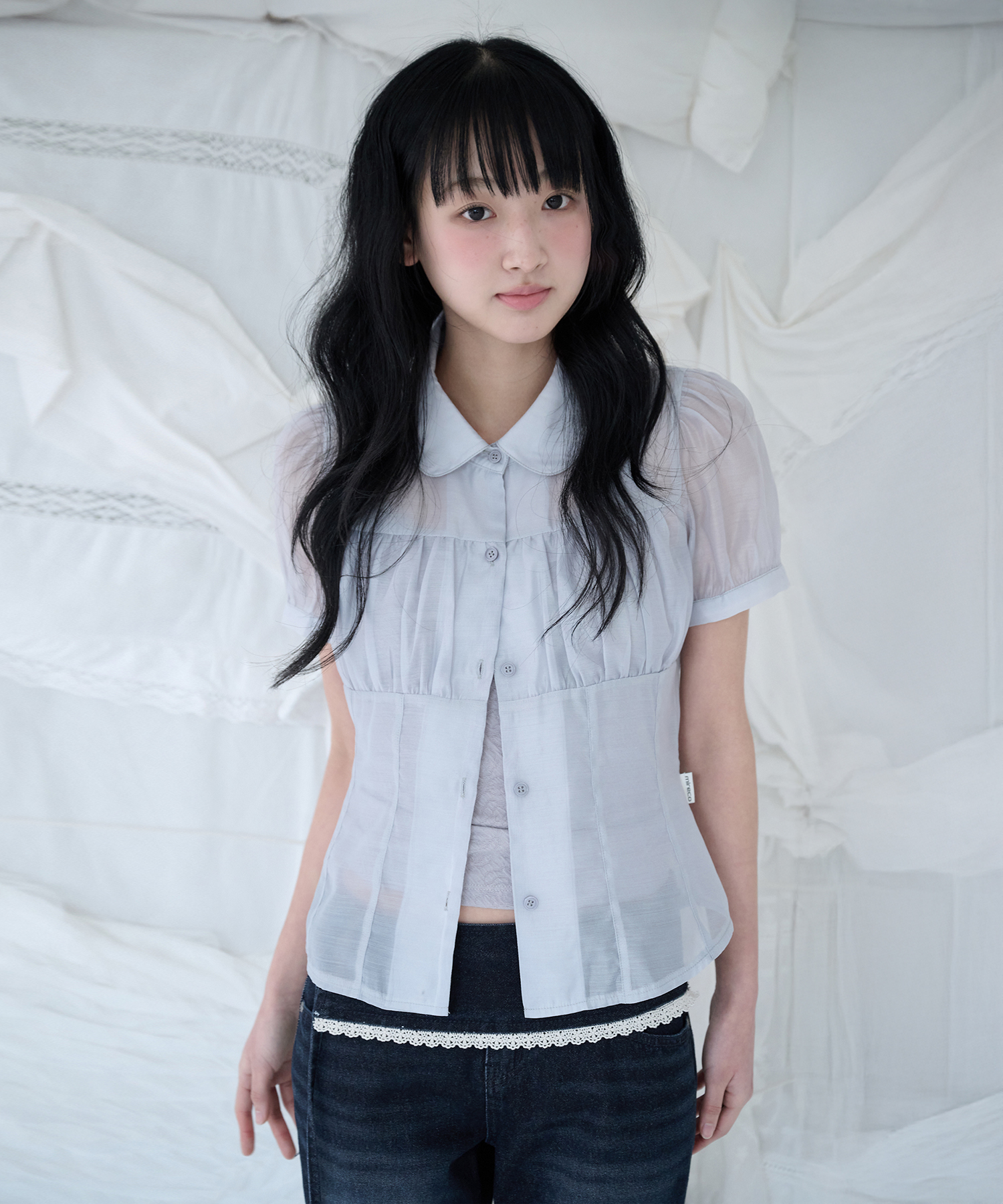 SHIRRING SHEER BLOUSE MISTY BLUE