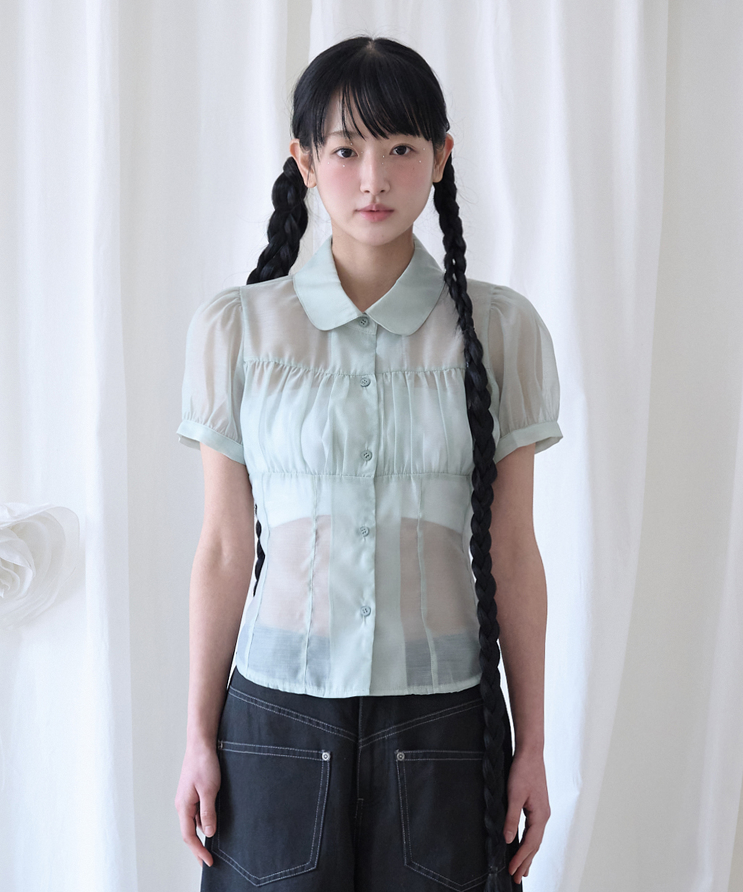 SHIRRING SHEER BLOUSE PISTACHIO