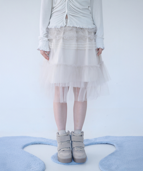 TULLE FRILL MIDI SKIRT SOFT BUTTER