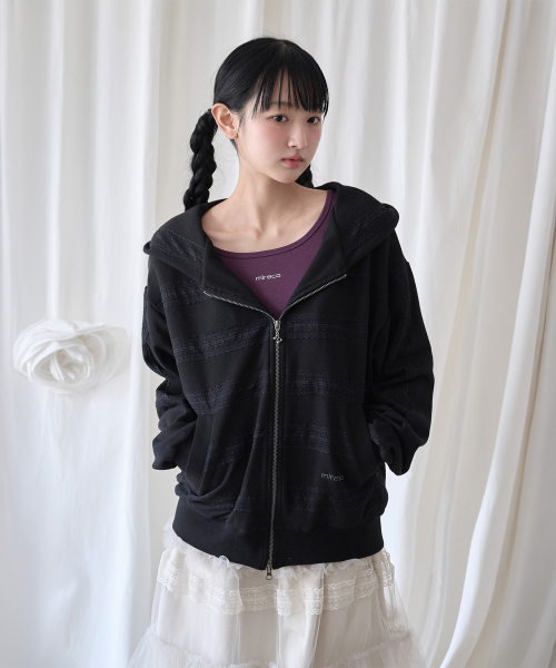 LACED TWOFOLD HOOD ZIP-UP BLACK