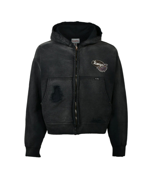 Repaired Name Patch Zip Short Hoodie - BLACK