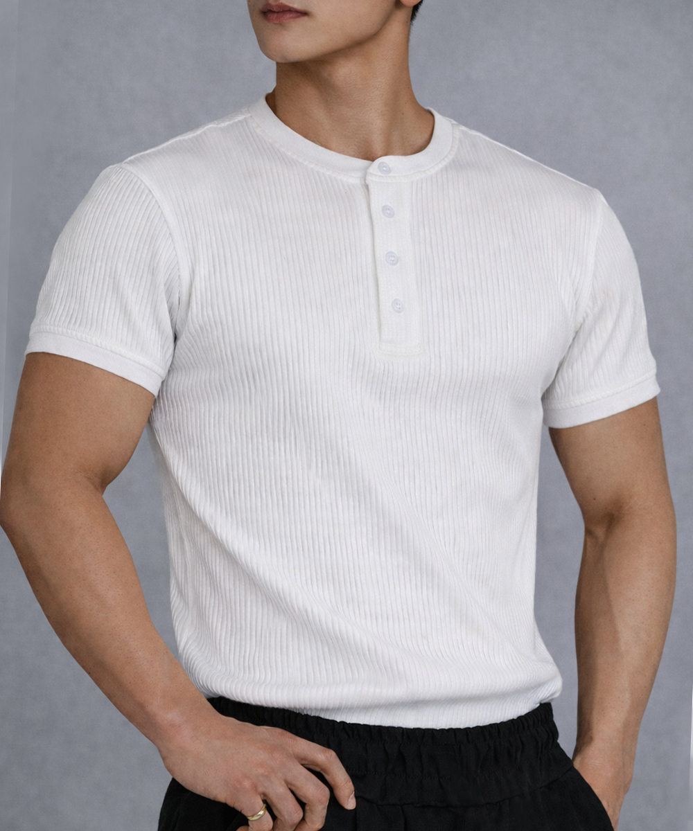 Henley Neck Half Sleeve T-Shirt [white]