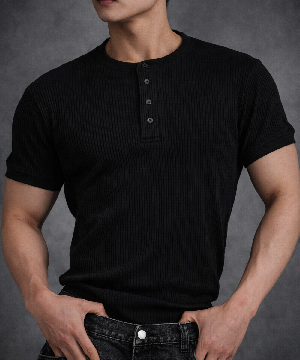 Henley Neck Half Sleeve T-Shirt [black]