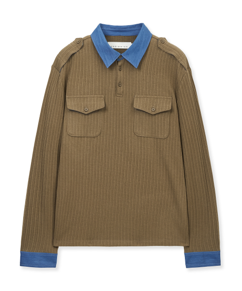 DENIM TRIM RIB POLO SHIRT (BROWN)