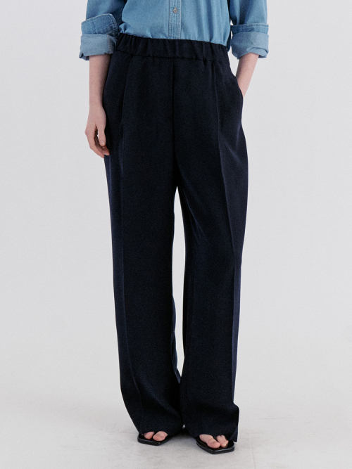 Basic Pintuck Banding Wide Slacks - Navy