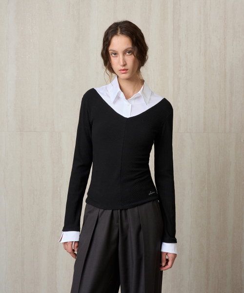 SHIRT COLLAR RIBBED KNIT TOP BLACK
