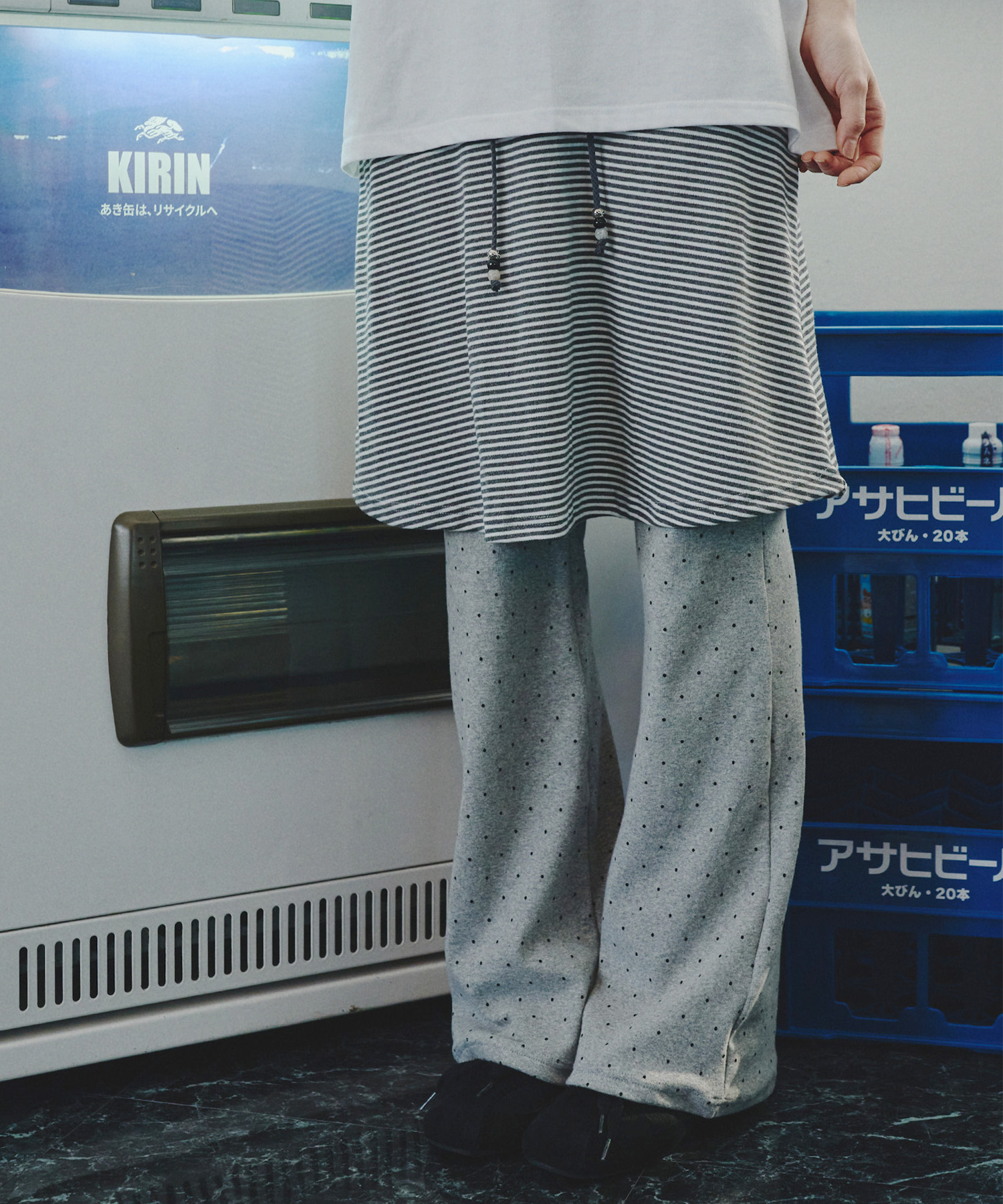 Dot Stripe Layered Skirt Pants Gray