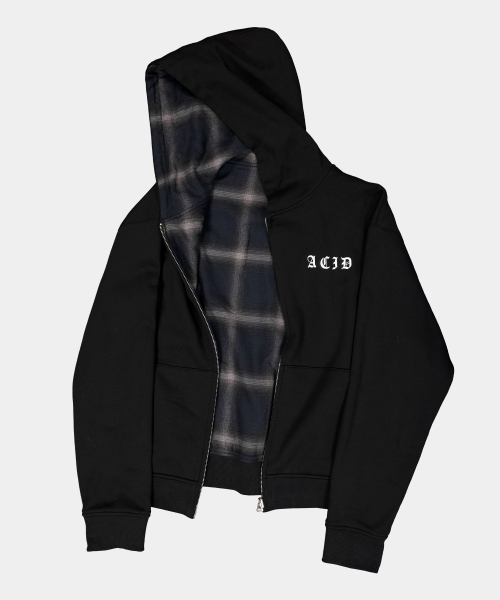 Двустороннее фланелевое худи на молнии в клетку [Black]