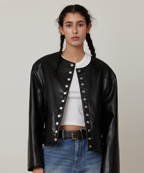 round neck leather snap куртка