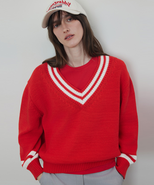 two line accentuated свободный fit v-neck хлопок knit