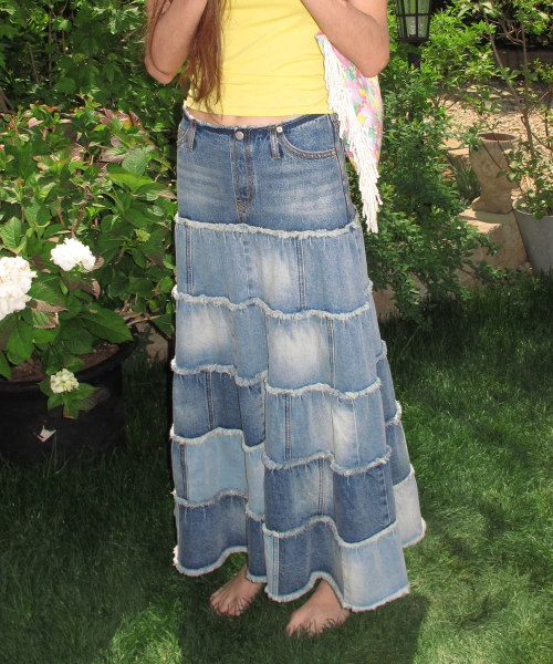 WASHED DENIM CANCAN LONG SKIRT_BLUE