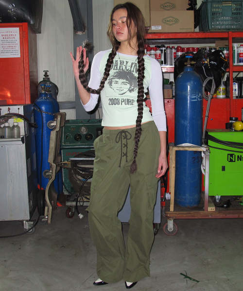 LACE-UP cargo banding pants_khaki