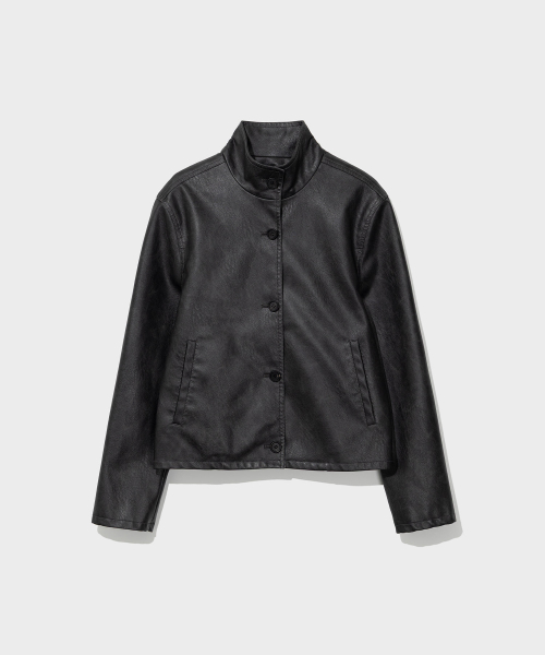 WASHED ARTIFICIAL LEATHER SHORT JACKET_BLACK [LC263JK01BK]