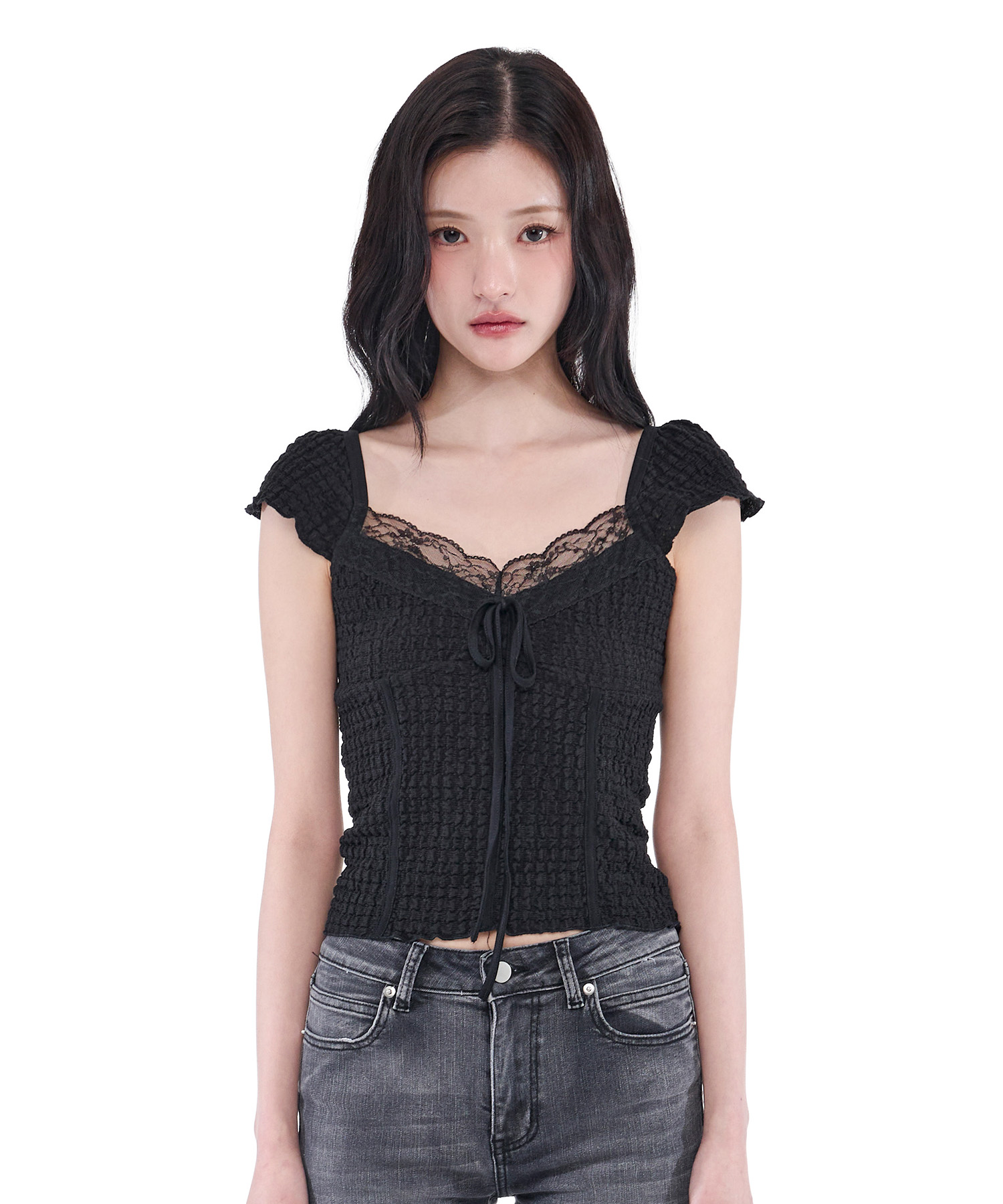 Jacquard Gathered Top (Black)