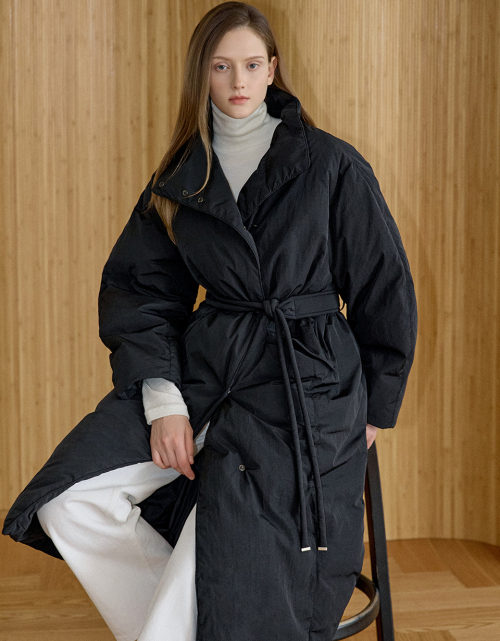 High Neck Belted Long Down Coat Black AT5JUF052BK