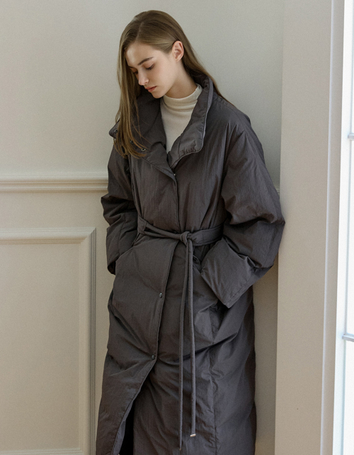 High Neck Belted Long Down Coat Grey AT5JUF052GE