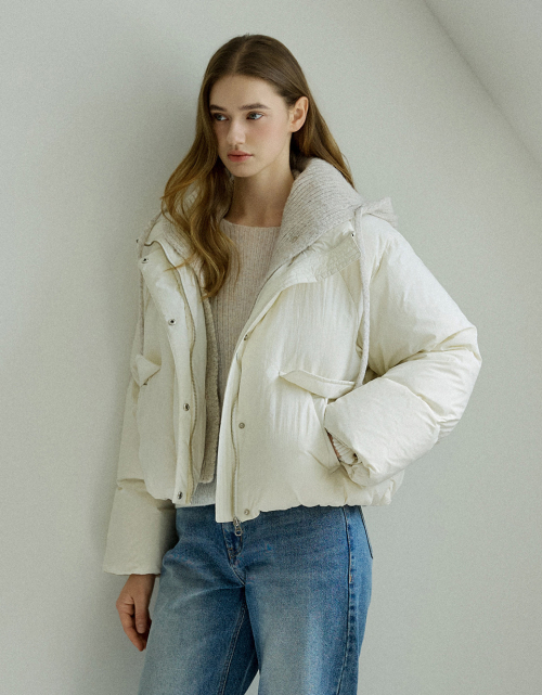 Knit Hooded Crop Down Padding Ivory AT5JUF055IV