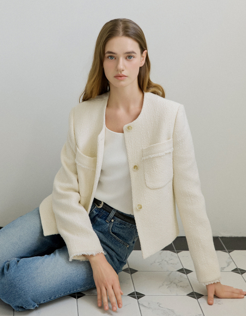 부클 프린지 트위드 자켓 아이보리 AT5JAF043IV
