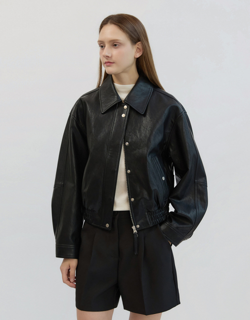 Faux Leather Crop Fit Jacket Black AT5JUF047BK