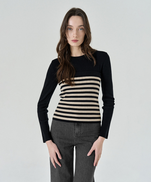 Merino Stripe Top (Black Beige)