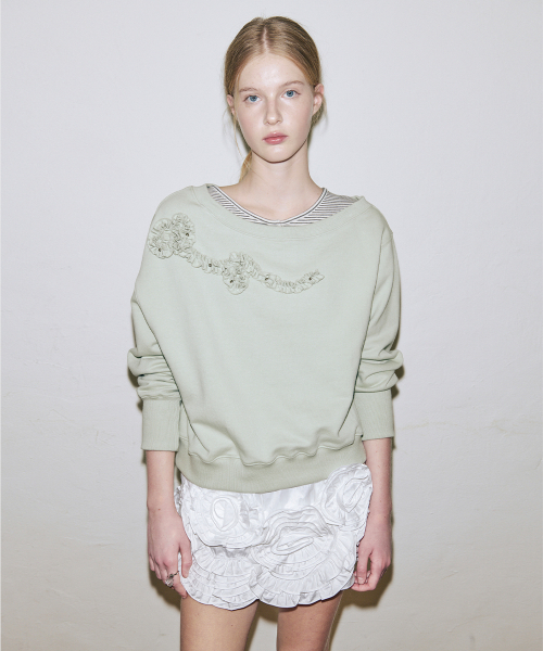Off Shoulder Frill Sweatshirt (Mint)