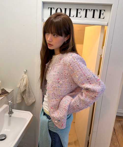 ROUND NECK TWEED JACKET (LIGHT PURPLE)