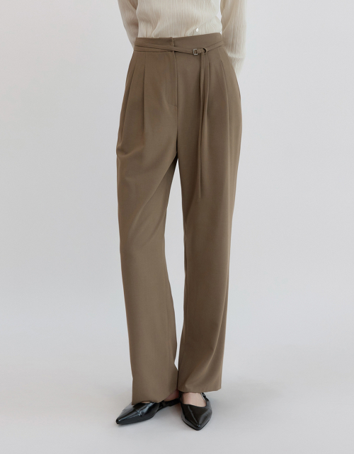 Wool Blend Belted Two Tuck Slacks Brown AT5PAF090BW