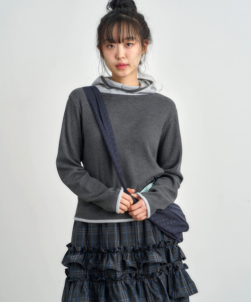 ke308-Balaclava Waffle Hoodie Charcoal