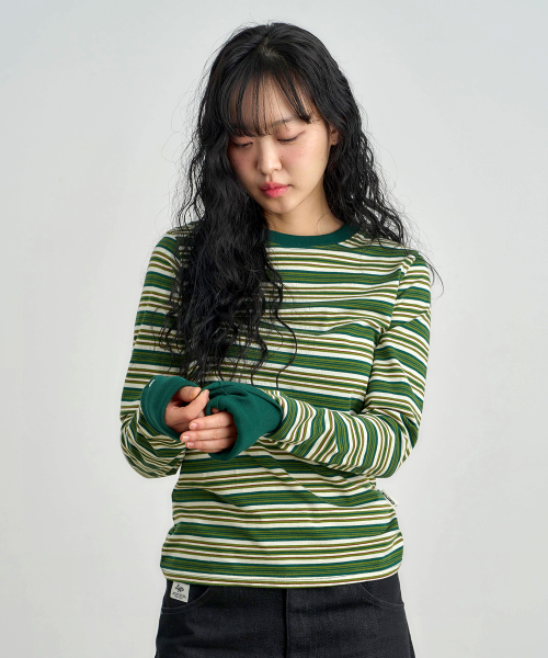 ke307-Striped Cuffs Long Sleeve Green