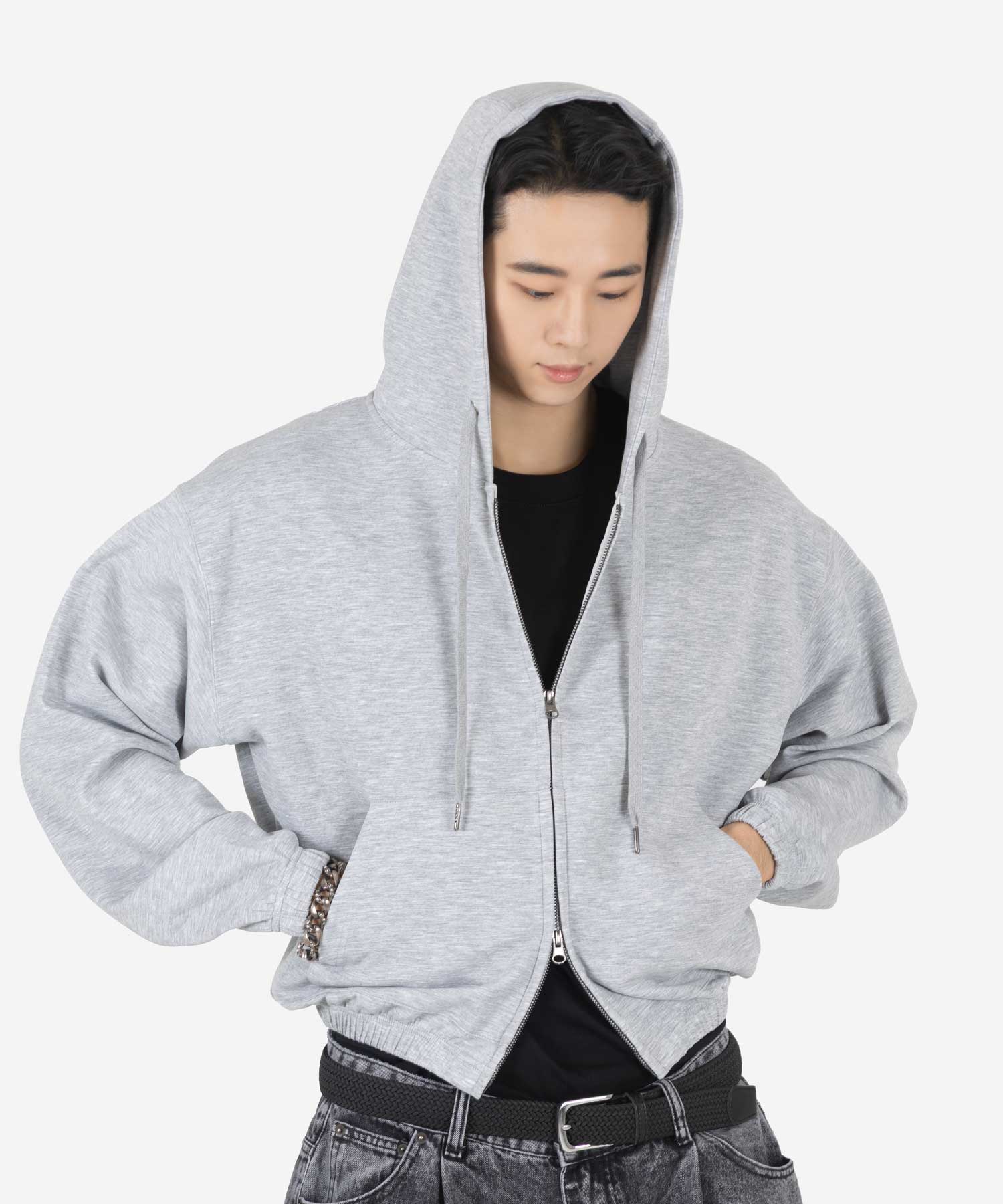 Simple Comfort Oversized Semi - Cropped Hoodie Zip - Up (MELANGE GREY)