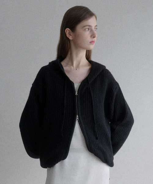 esy cashmere hood knit zip up (Black)