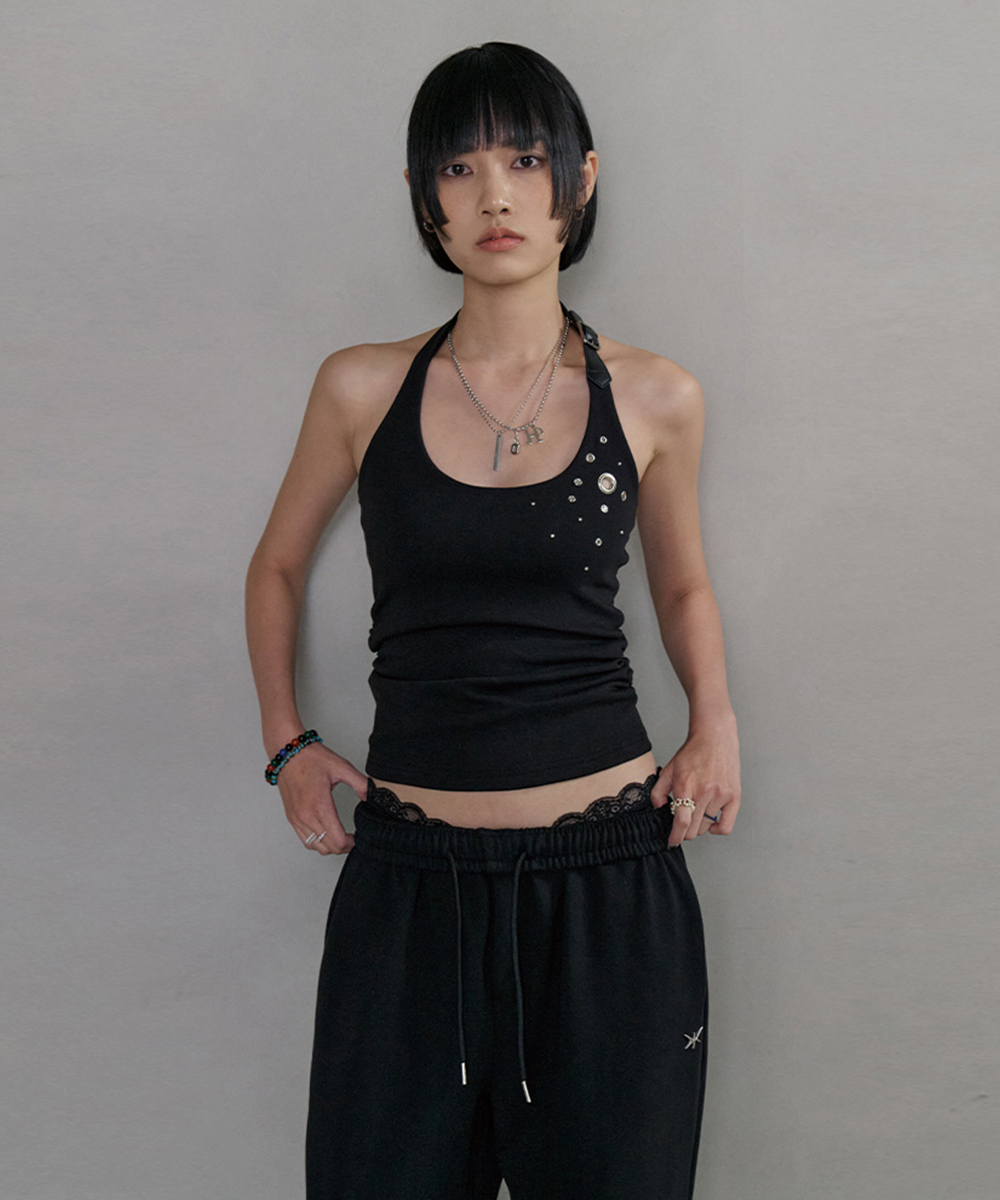 Eyelet Belted Halter Neck Shirring Top (черный)