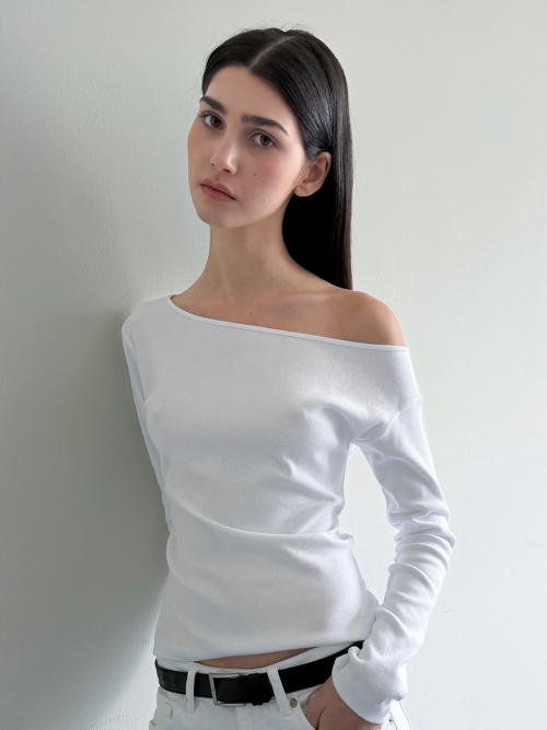 One shoulder Soft rib Long sleeve top White