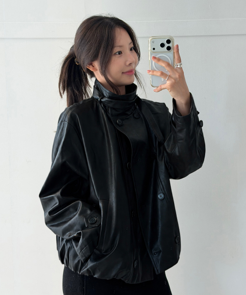 Mouchou High Neck Leather Jumper_2colors